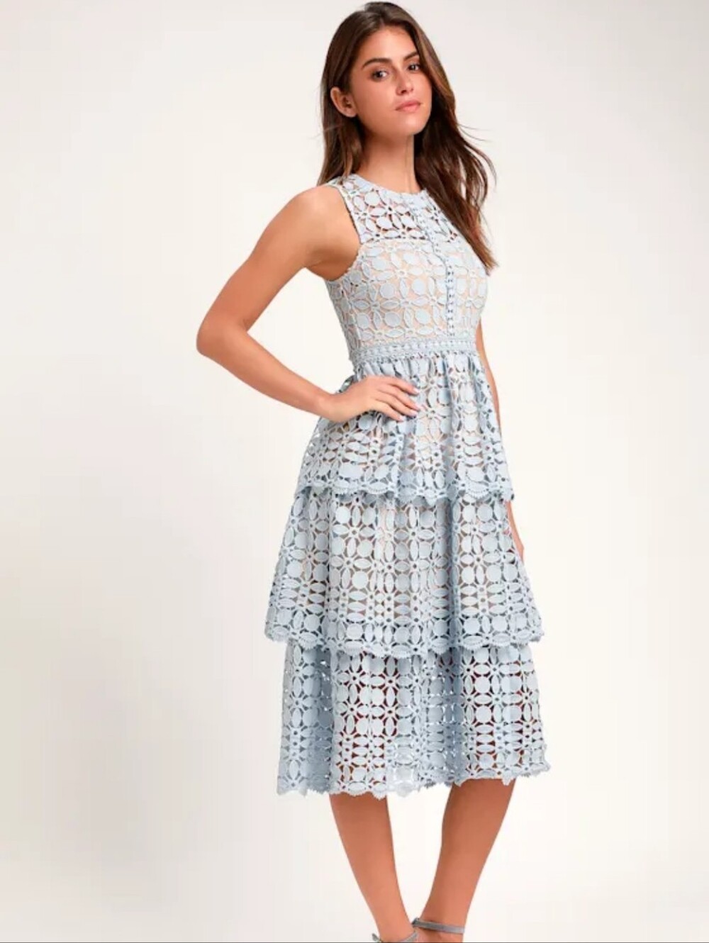Lulu's Larissa Light Blue Sleeveless Tiered Lace Midi Dress